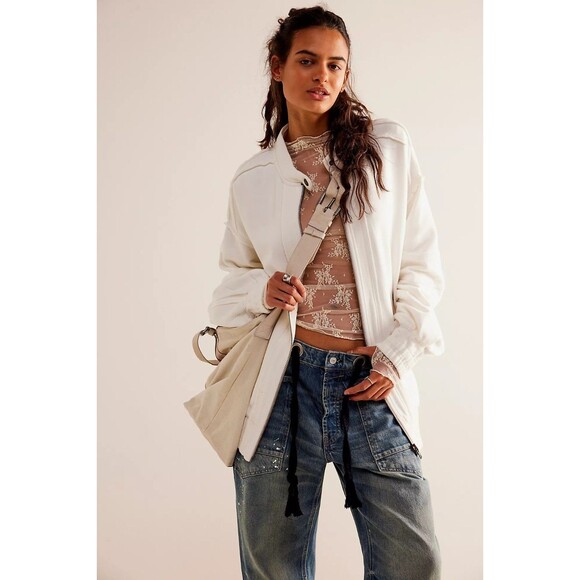 Free People Lou Moto Zip Jacket Sweatshirt Top Oversized Long Sleeve M 282854 - Picture 3 of 9